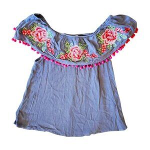 Anthropologie Blue Blouse with Floral Embroidery